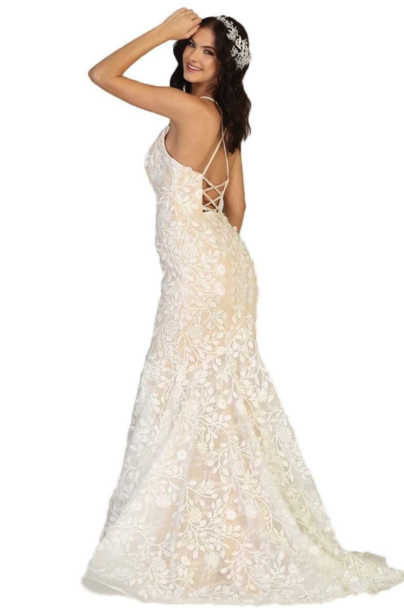 May Queen - RQ7811 Embroidered Deep V-neck Trumpet Dress Wedding Dresses