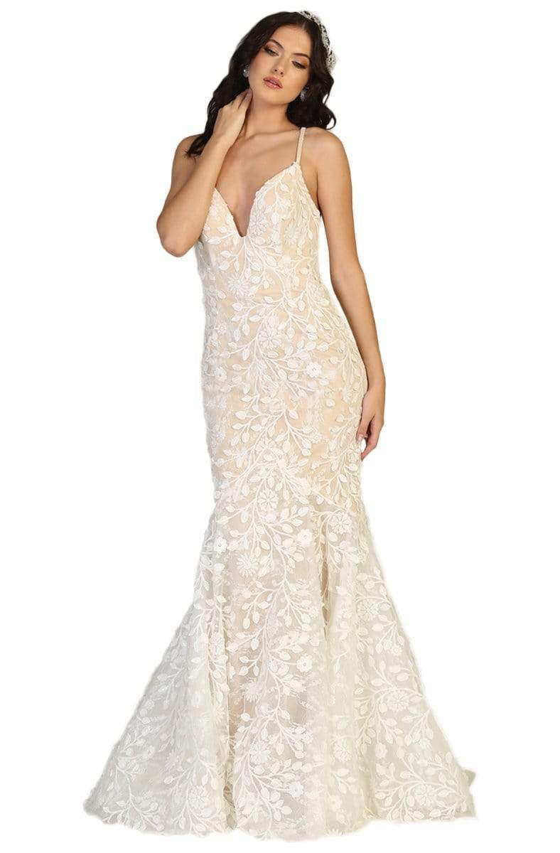May Queen - RQ7811 Embroidered Deep V-neck Trumpet Dress Wedding Dresses