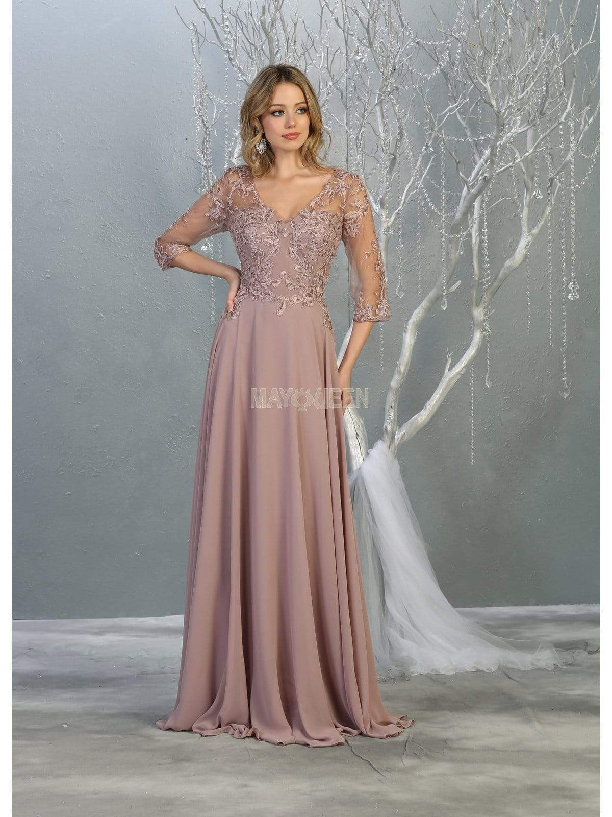 May Queen - RQ7820 Bead Embellished V-Neck A-Line Dress Mother of the Bride Dresses