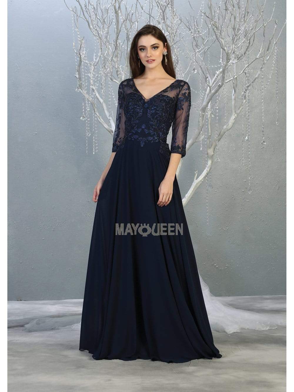 May Queen - RQ7820 Bead Embellished V-Neck A-Line Dress Mother of the Bride Dresses M / Navy