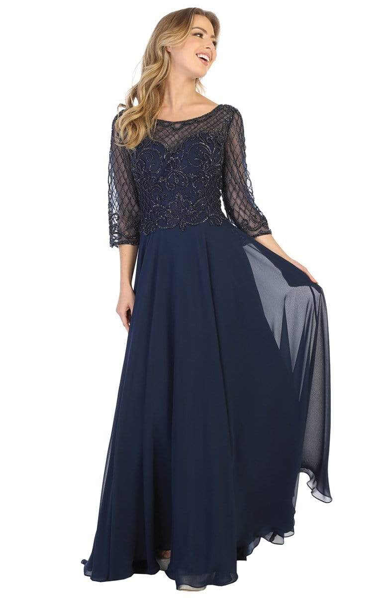 May Queen - RQ7821 Embellished Bateau A-line Dress Mother of the Bride Dresses M / Navy
