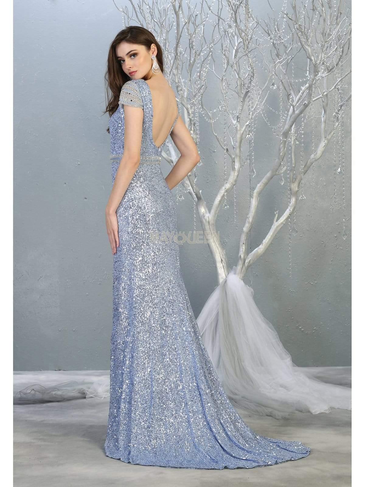 May Queen - RQ7848 Bateau Evening Gown with Slit Evening Dresses