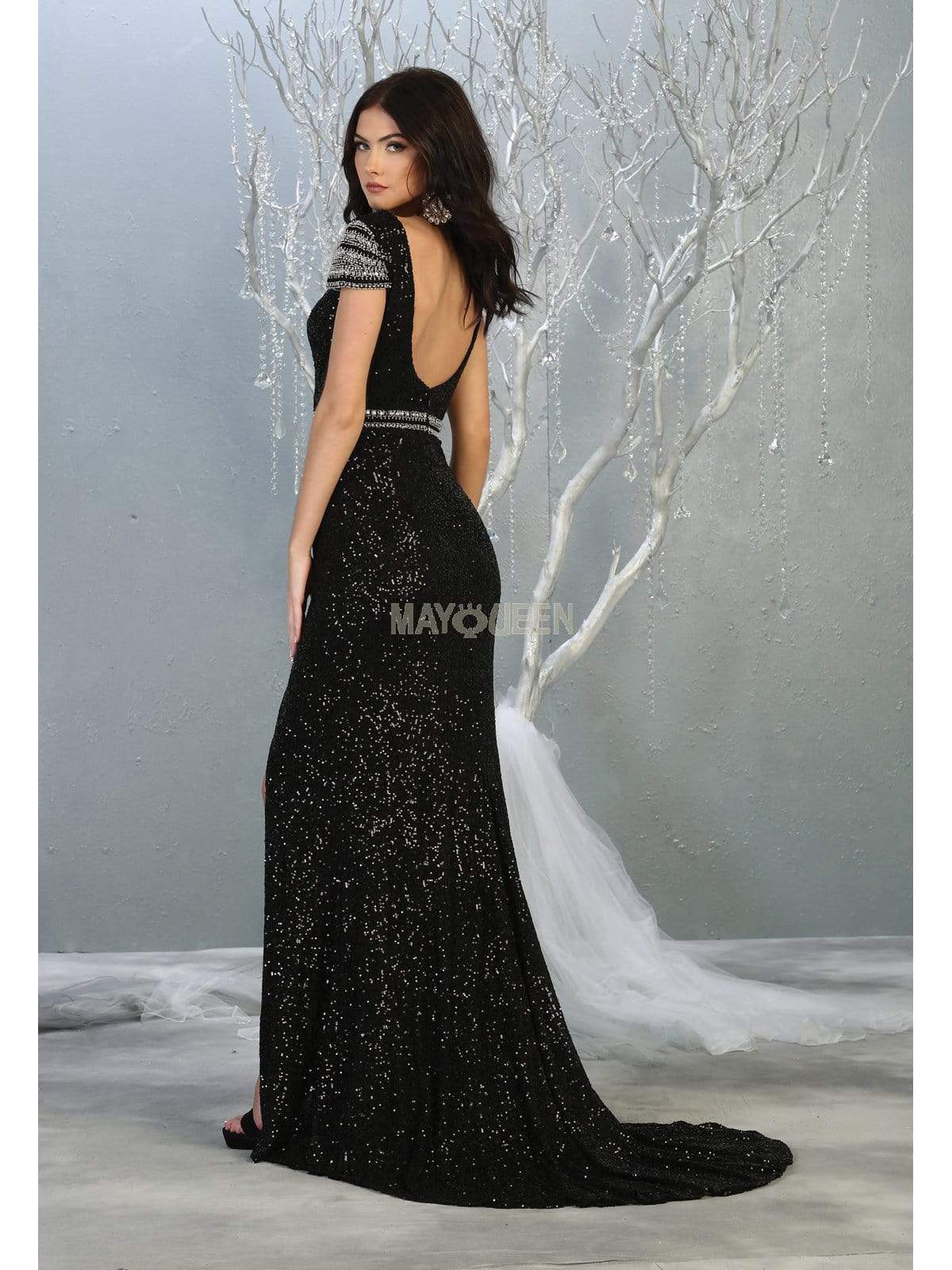 May Queen - RQ7848 Bateau Evening Gown with Slit Evening Dresses
