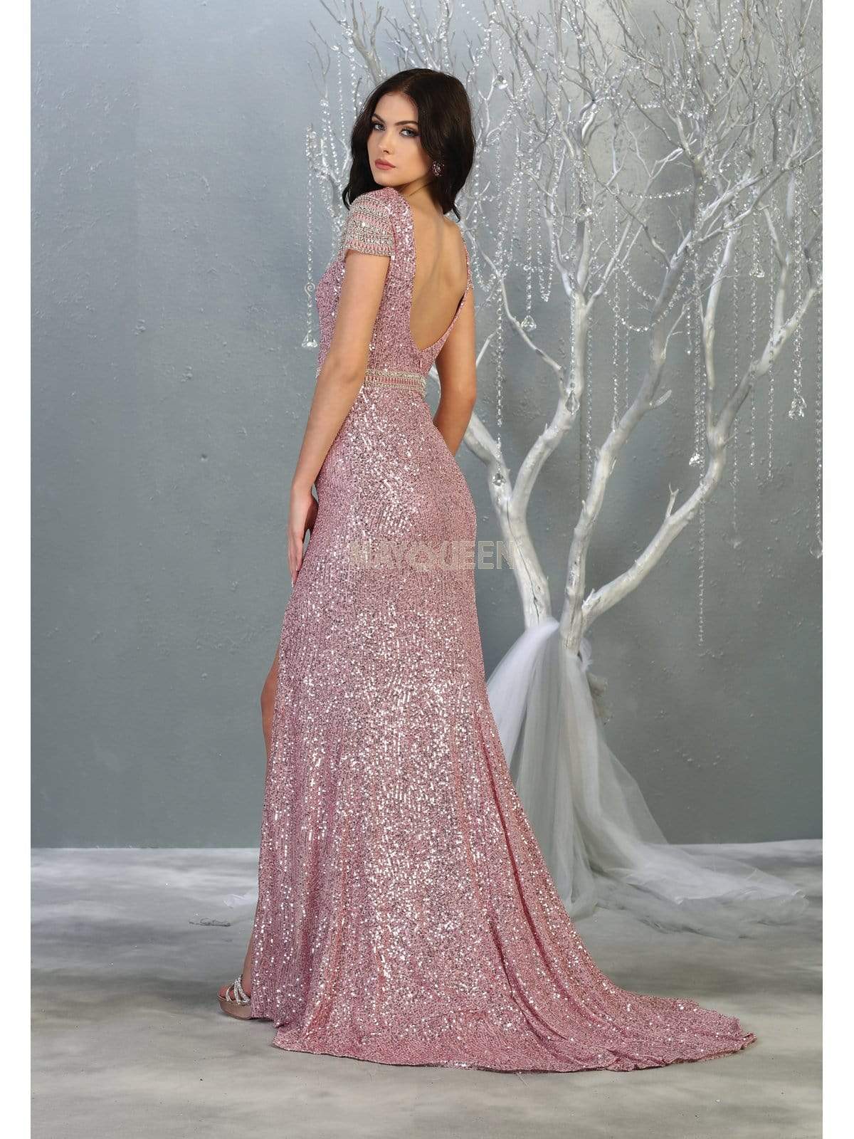 May Queen - RQ7848 Bateau Evening Gown with Slit Evening Dresses