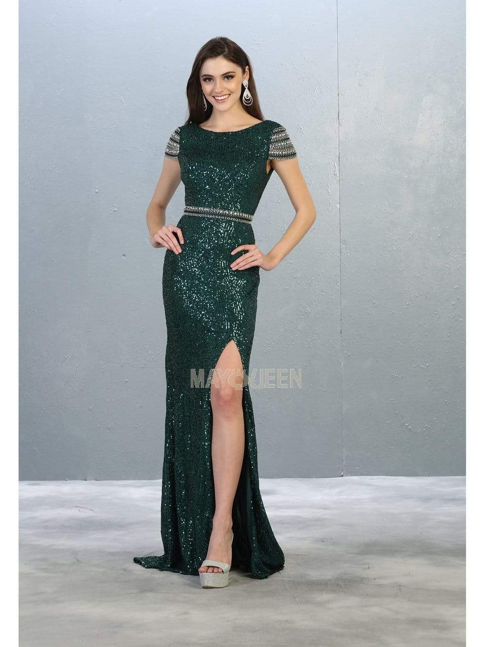 May Queen - RQ7848 Bateau Evening Gown with Slit Evening Dresses 4 / Hunter-Grn