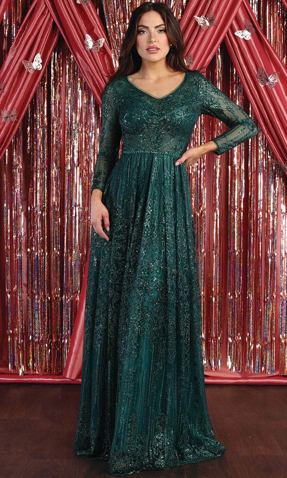 May Queen RQ7920 - Ornated Sheer Bodice Long Sleeve A Line Dress In Green
