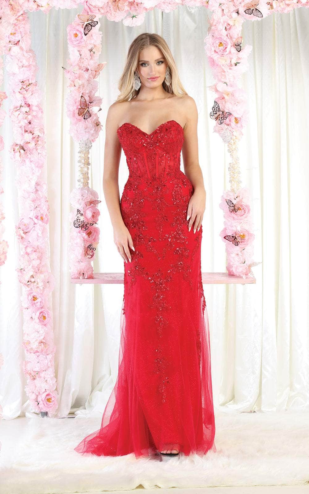 May Queen RQ8013 - Long Sheath Dress - Beads And Sequin Embellishment, Corset Bodice, Strapless, Lace-Up Tie, Train 10 / Silver May Queen RQ8013 - Long Sheath Dress - Beads And Sequin Embellishment, Corset Bodice, Strapless, Lace-Up Tie, Train 10 / Silver
