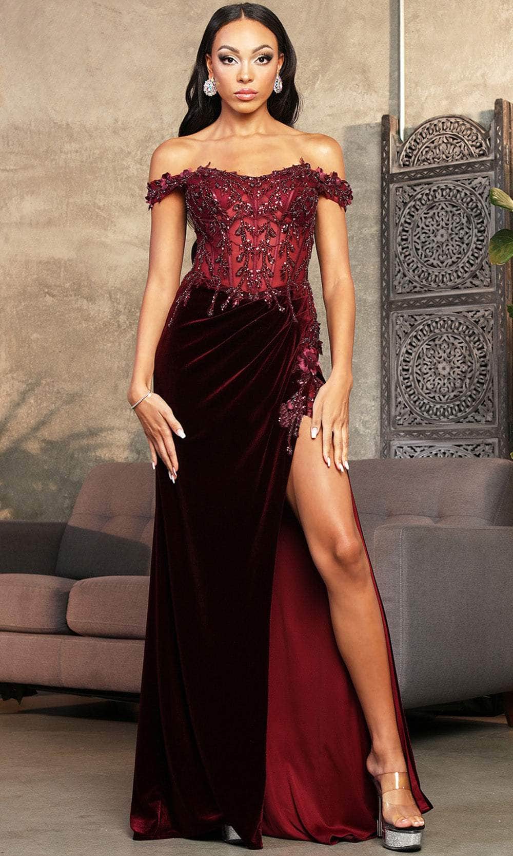 May Queen RQ8085 - Long Sheath Dress - Sheer Corset Bodice, Glitter Lace Appliques, Draped Velvet Skirt, High Slit, Midrise Back, Back Zipper Closure, May Queen RQ8085 - Long Sheath Dress - Sheer Corset Bodice, Glitter Lace Appliques, Draped Velvet Skirt, High Slit, Midrise Back, Back Zipper Closure,