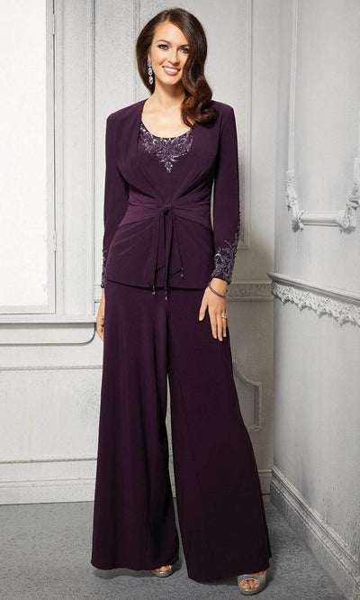 MGNY By Mori Lee - 72427 Scoop Long Sleeves Pant Suit Mother of the Bride Dresses 00 / Eggplant