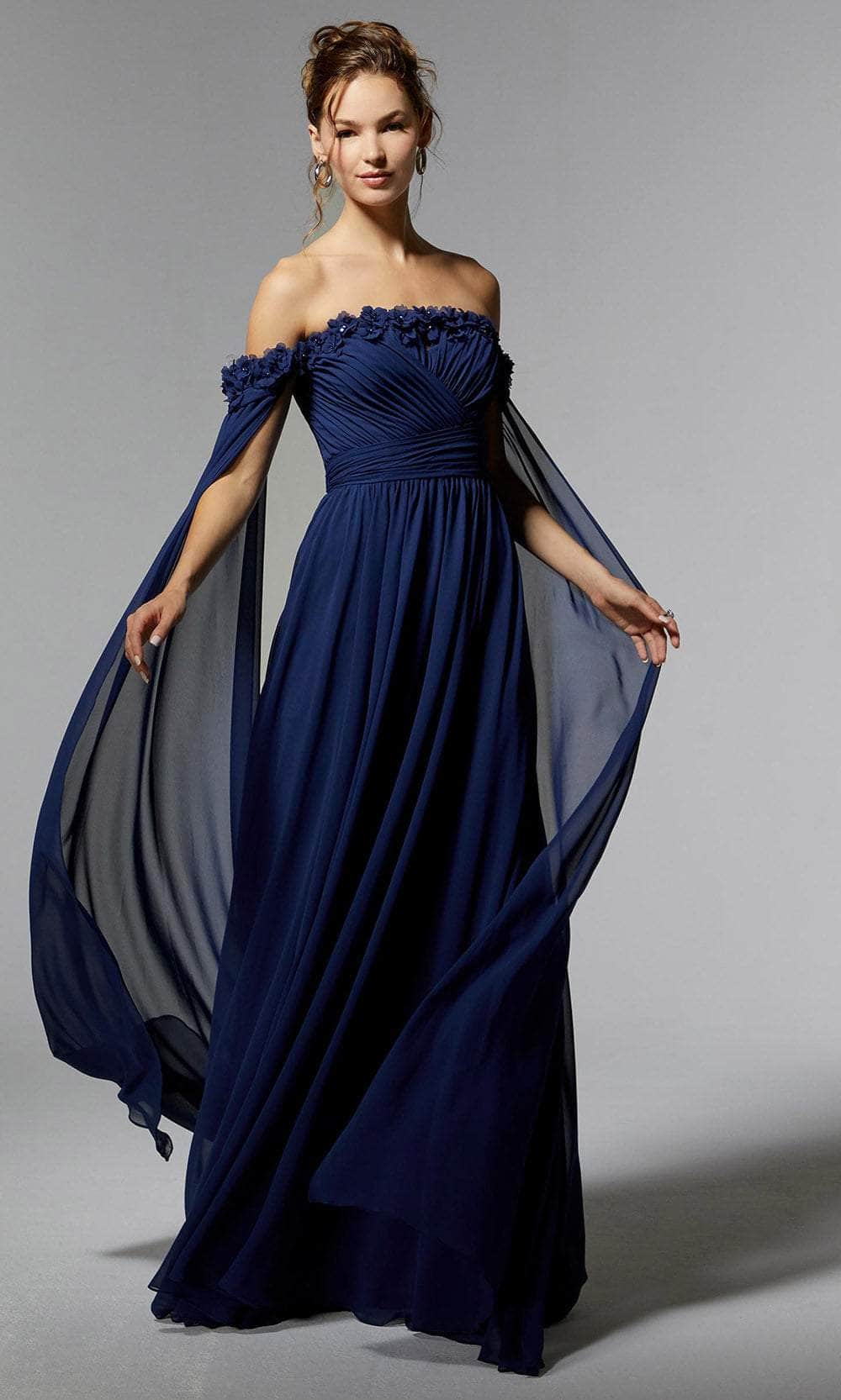 MGNY By Mori Lee 72902 - Long Chiffon A-Line Dress - Floral Appliques, Draped Bodice, Crystal Beaded, Detachable Streamers, Midrise Back, Sweep Train ADASA MGNY By Mori Lee 72902 - Long Chiffon A-Line Dress - Floral Appliques, Draped Bodice, Crystal Beaded, Detachable Streamers, Midrise Back, Sweep Train ADASA