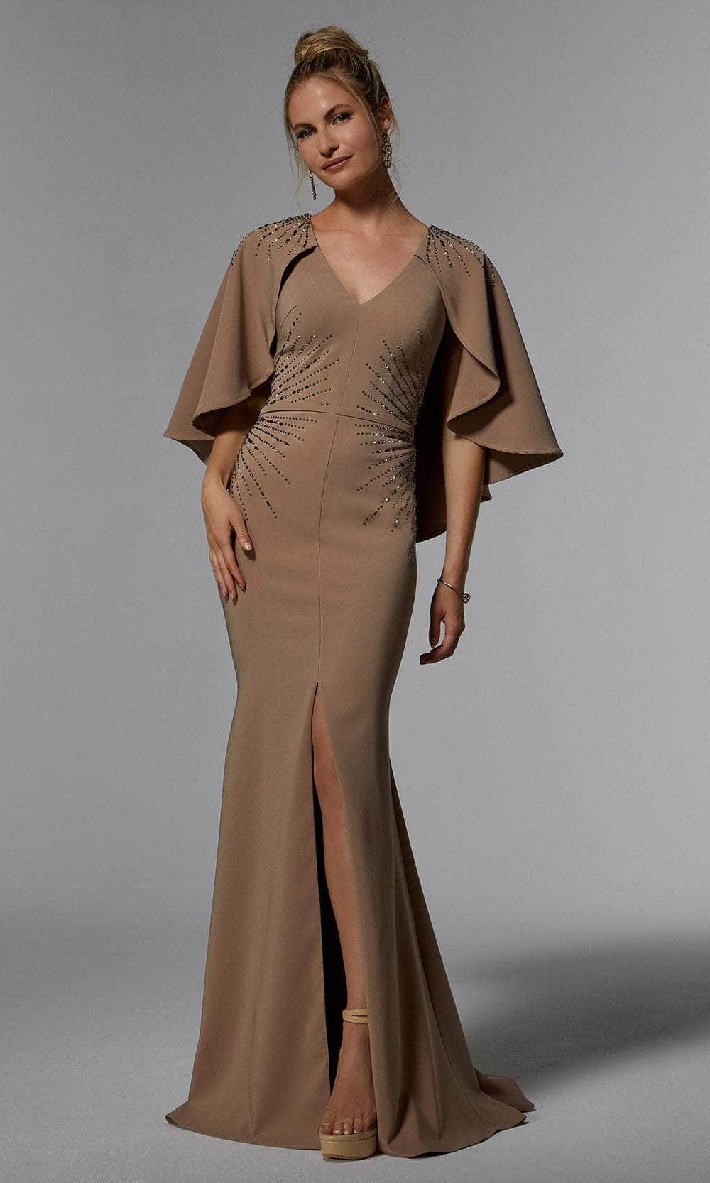MGNY by Mori Lee 72914 - Cape Mermaid Evening Dress Prom Dress 00 /  Taupe