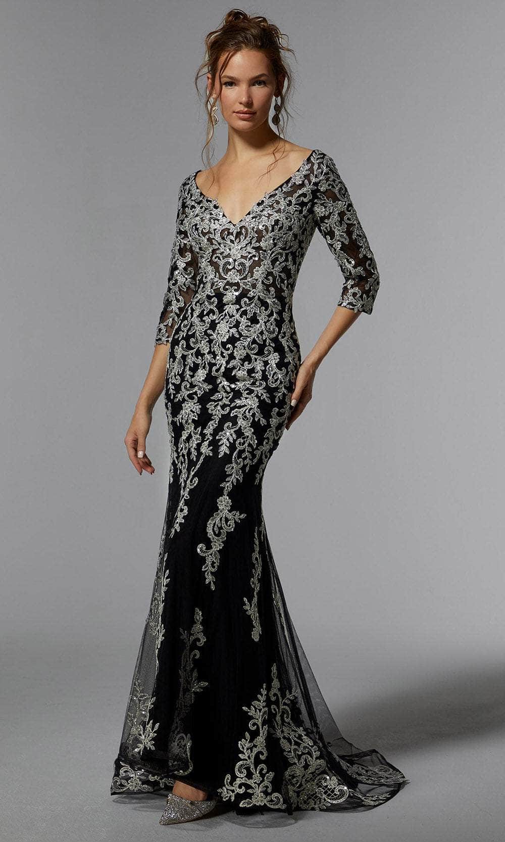MGNY by Mori Lee 72940 - Quarter Sleeve Metallic Evening Dress Prom Dress 00 /  Black / Silver