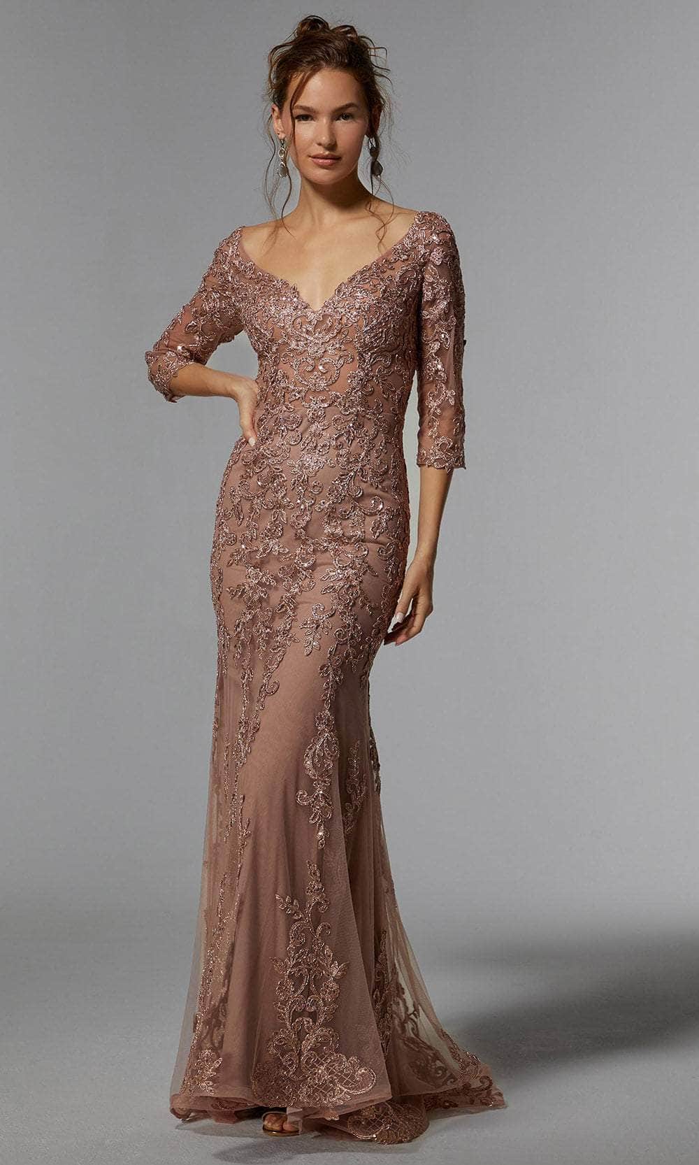 MGNY By Mori Lee 72940 - Long Sheath Dress - Quarter Sleeves, Metallic Embroidery, V-Open Back, Sweep Train ADASA MGNY By Mori Lee 72940 - Long Sheath Dress - Quarter Sleeves, Metallic Embroidery, V-Open Back, Sweep Train ADASA