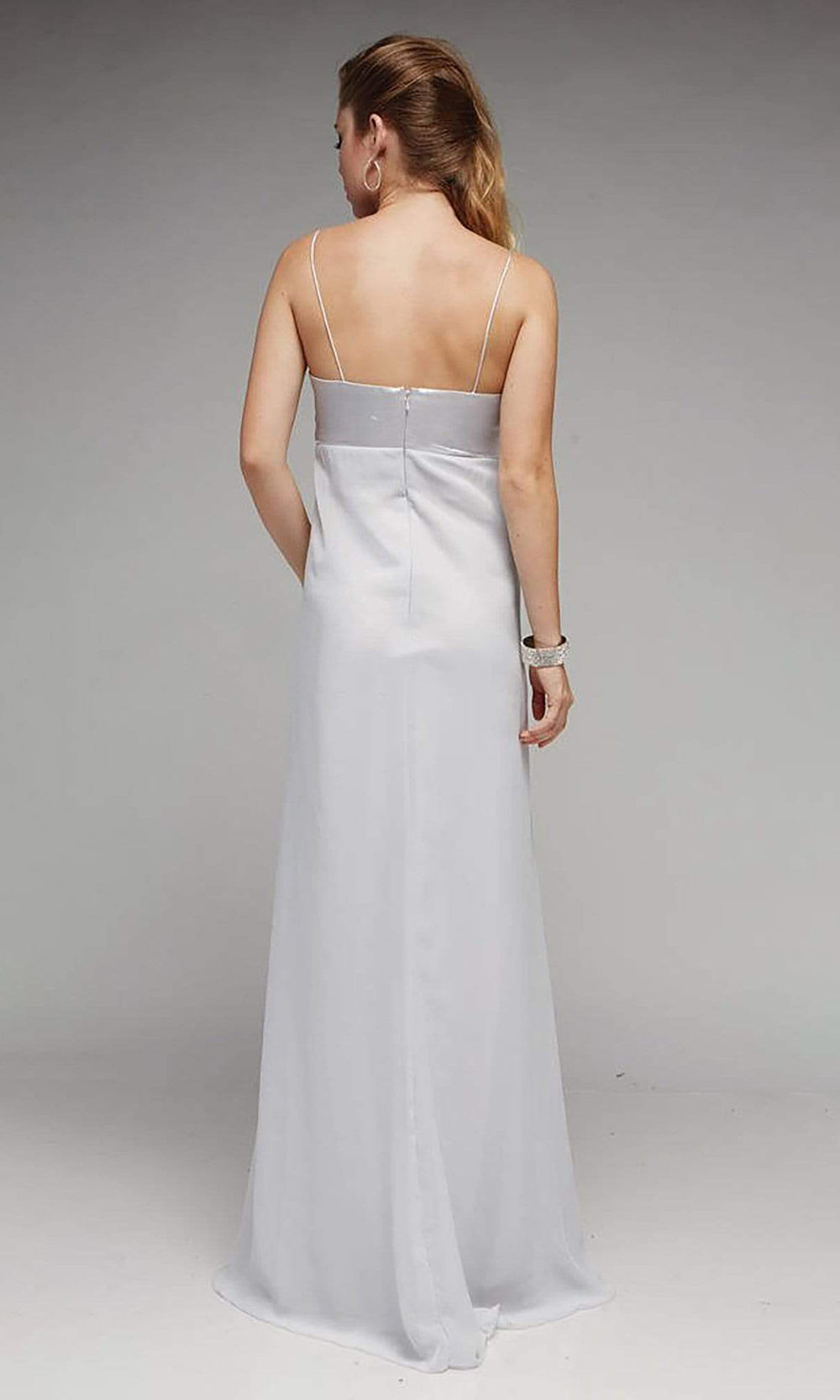 Milano Formals - F1116 Long Empire Waist Spaghetti Strap Gown in Silver