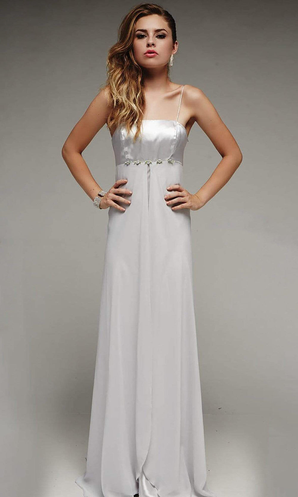 Milano Formals - F1116 Long Empire Waist Spaghetti Strap Gown in Silver