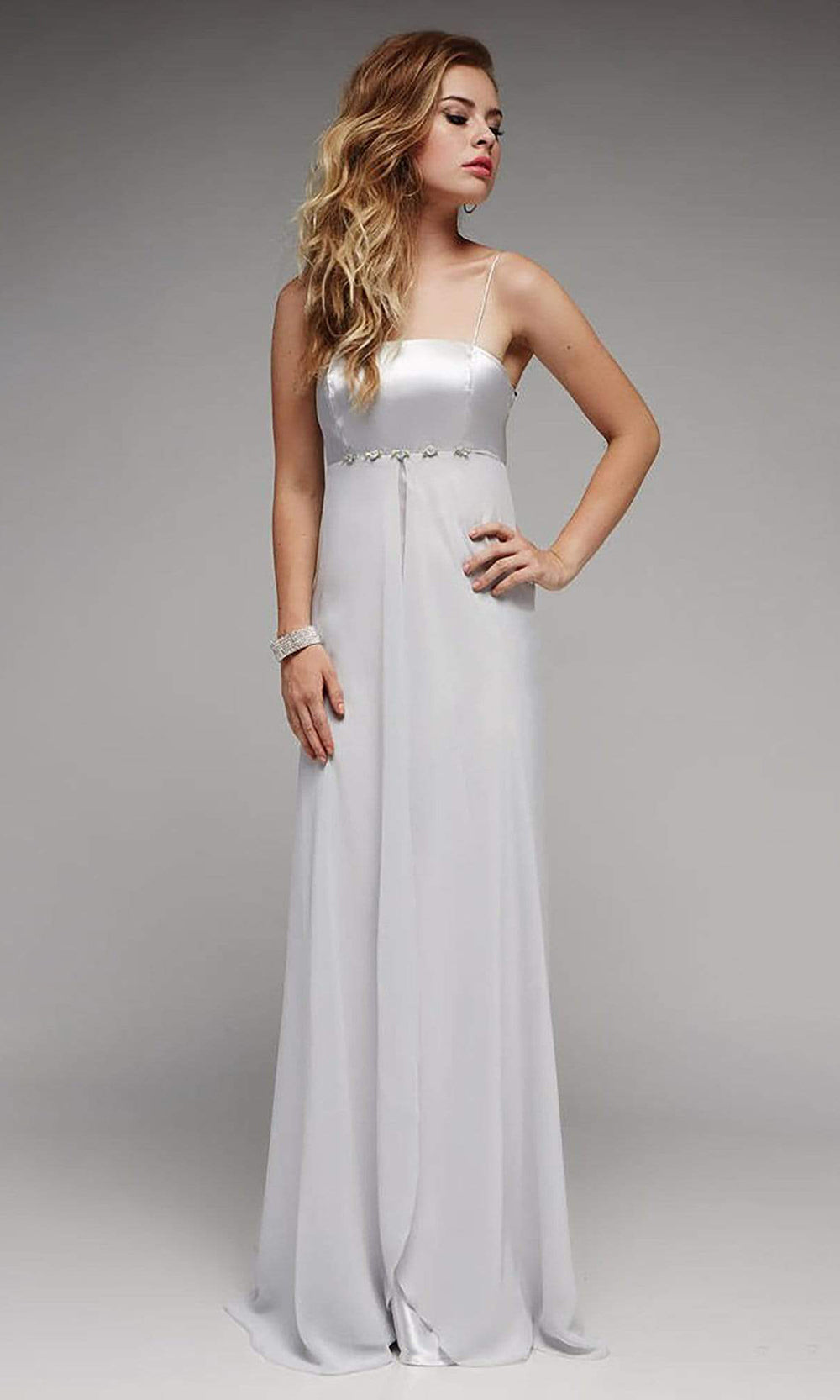 Milano Formals - F1116 Long Empire Waist Spaghetti Strap Gown in Silver