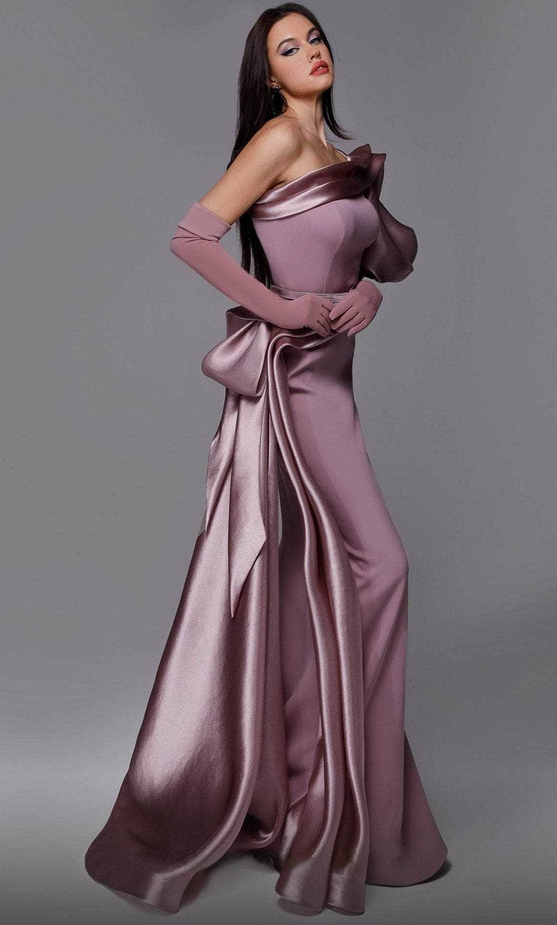 MNM COUTURE 2722 - Puffed Sleeve Asymmetric Evening Gown Special Occasion Dress
