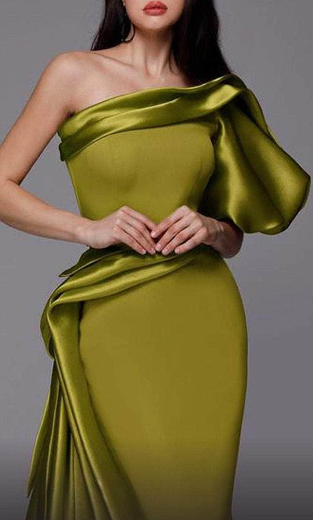 MNM COUTURE 2722 - Puffed Sleeve Asymmetric Evening Gown Special Occasion Dress