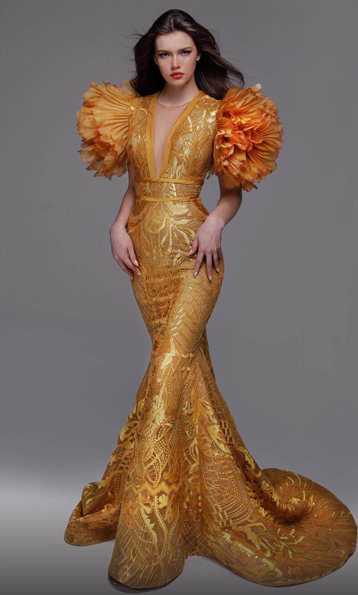 mustard mermaid dress MNM Couture 2732 - Long Lace Mermaid Dress