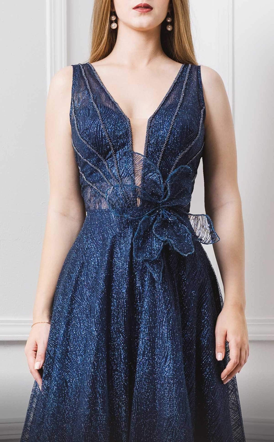 MNM COUTURE - F00625 Embroidered Deep V-neck A-line Gown In Blue