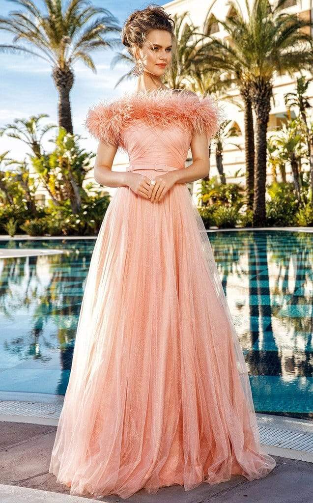 MNM COUTURE - F4949 Faux-Feathered Off Shoulder Long Gown MNM COUTURE - F4949 Faux-Feathered Off Shoulder Long Gown
