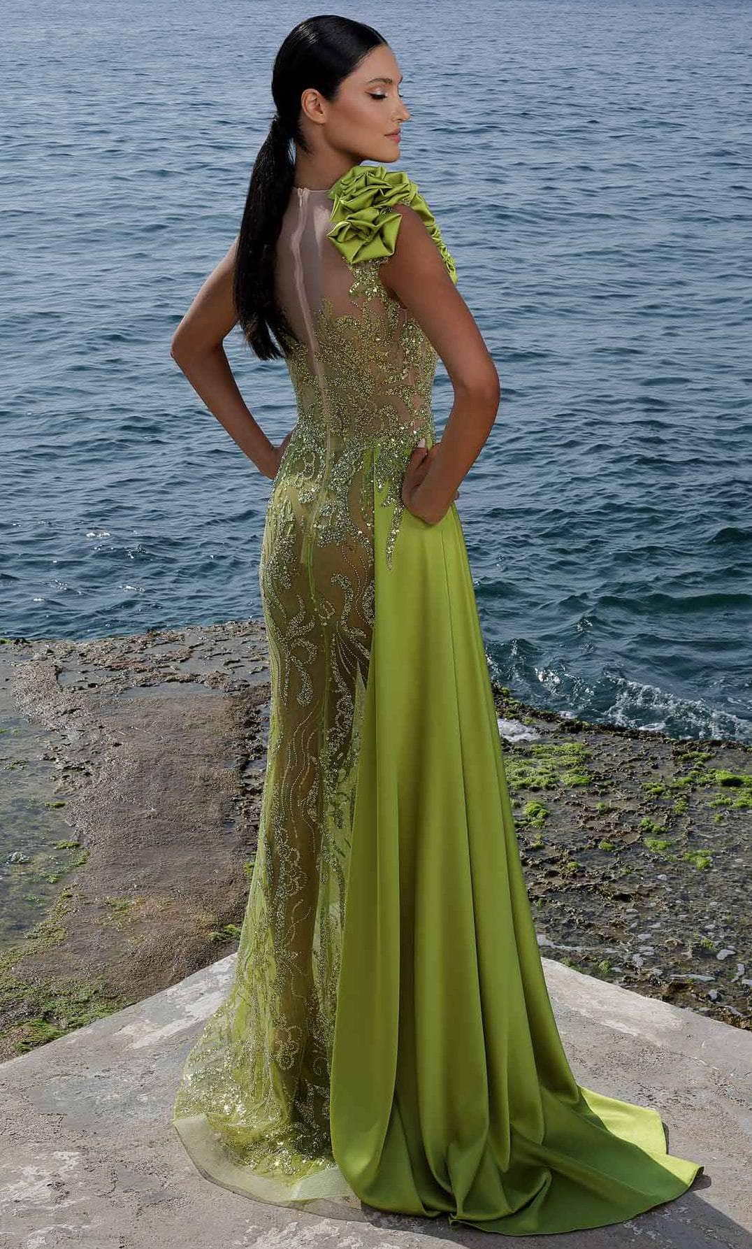 MNM Couture K3994 - Long Beaded Mesh, Satin Sheath Dress - Illusion,  Beaded, Appliqued, Back Zipper, Full Length  ADASA