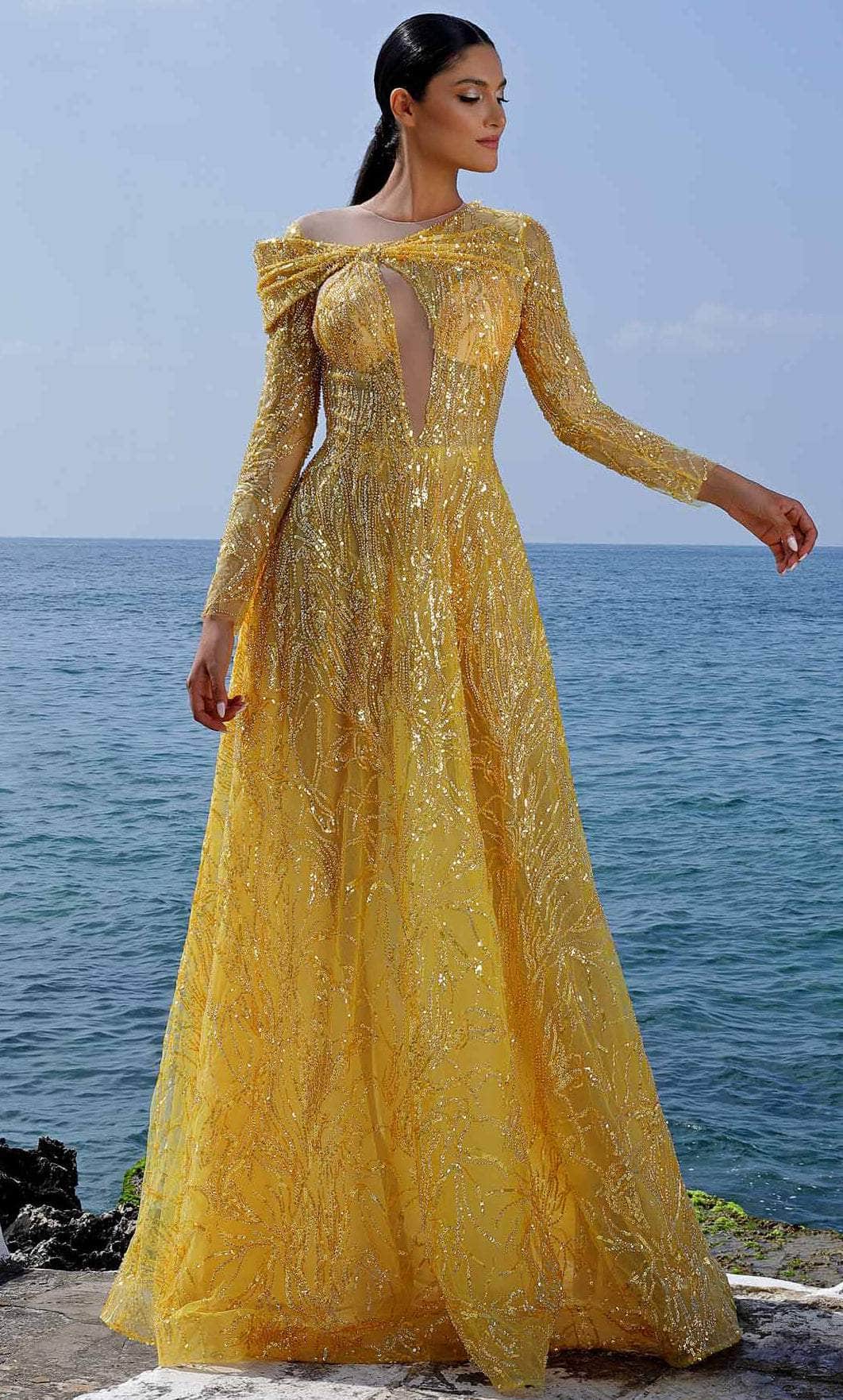 MNM Couture K4004 - Long A-line Dress - Long sleeves, Skin tone inset, Sequins, Floor length, Horsehair hem, Sweep train, Back zipper ADASA MNM Couture K4004 - Long A-line Dress - Long sleeves, Skin tone inset, Sequins, Floor length, Horsehair hem, Sweep train, Back zipper ADASA
