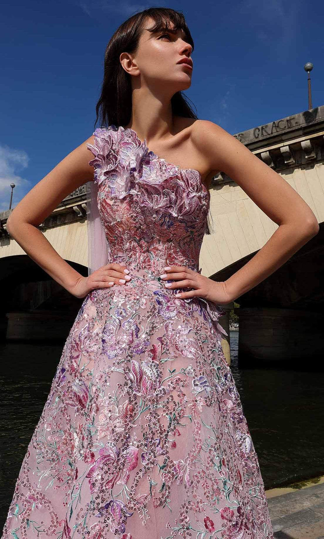 MNM Couture K4020 - Floral Embroidered One Shoulder Gown Evening Dresses