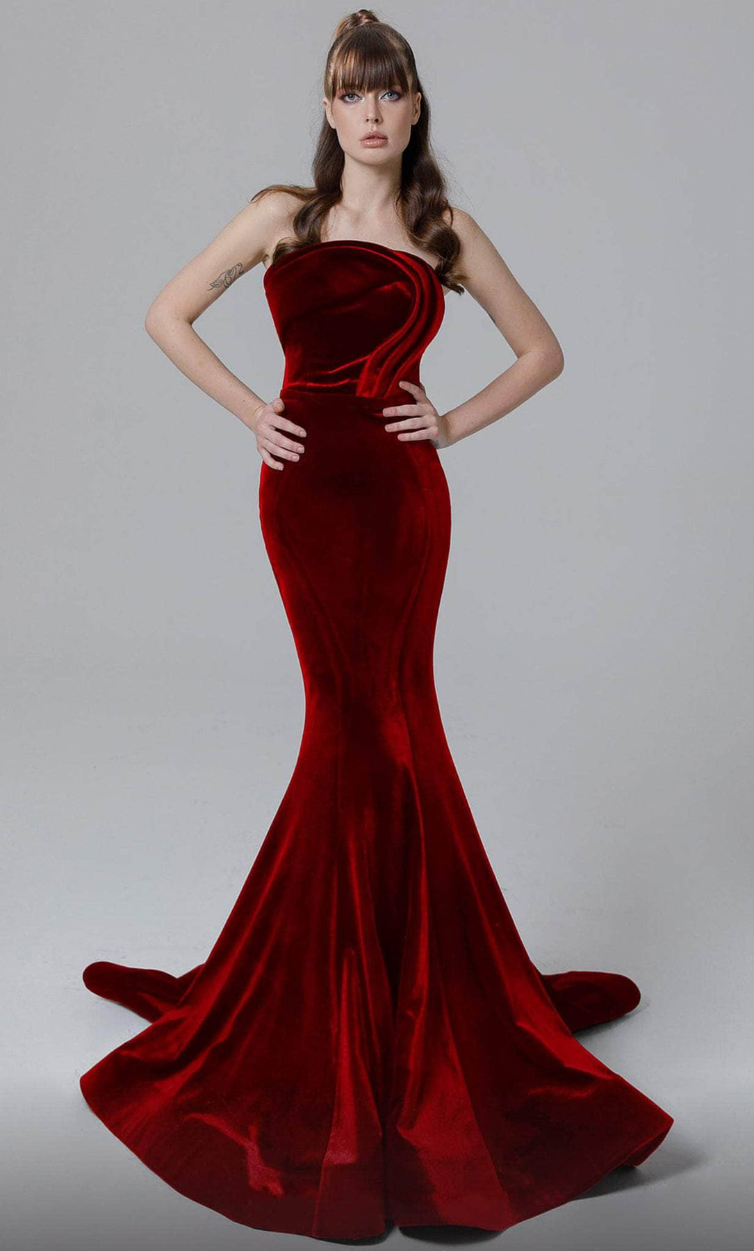 MNM Couture N0450 - Strapless Velvet Evening Gown Prom Dresses 4 / Burgundy