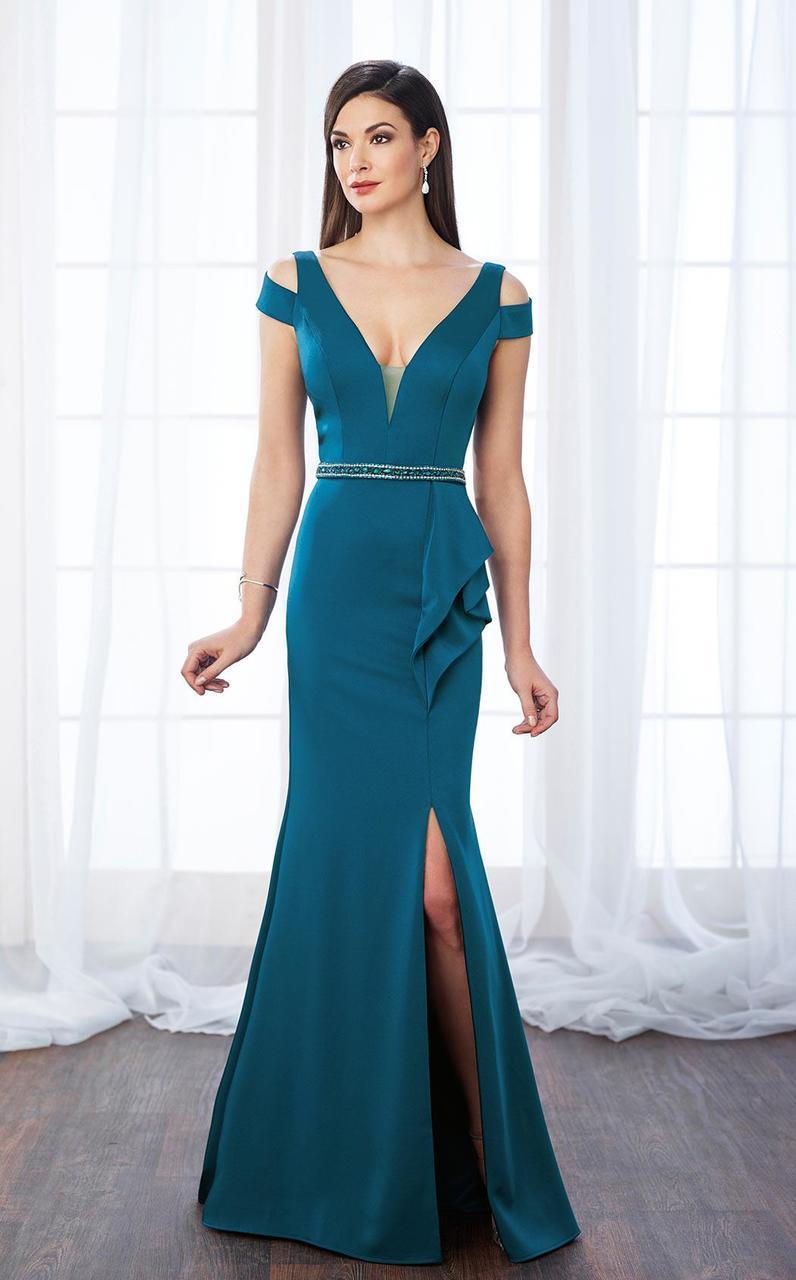 Mon Cheri Deep V-Neck Trumpet Dress 217647 CCSALE 8 / Dark Teal