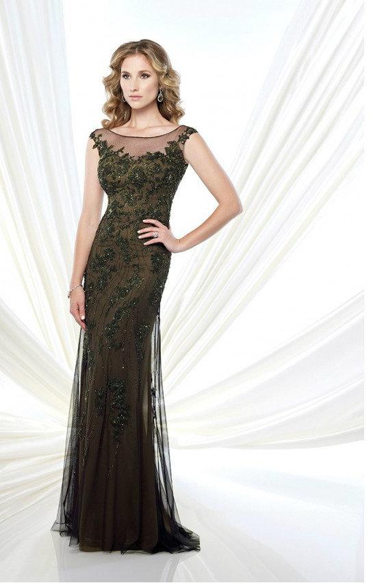Mon Cheri Lace Appliqued Illusion Bateau Evening Dress 215913 CCSALE 6 / Dark Olive