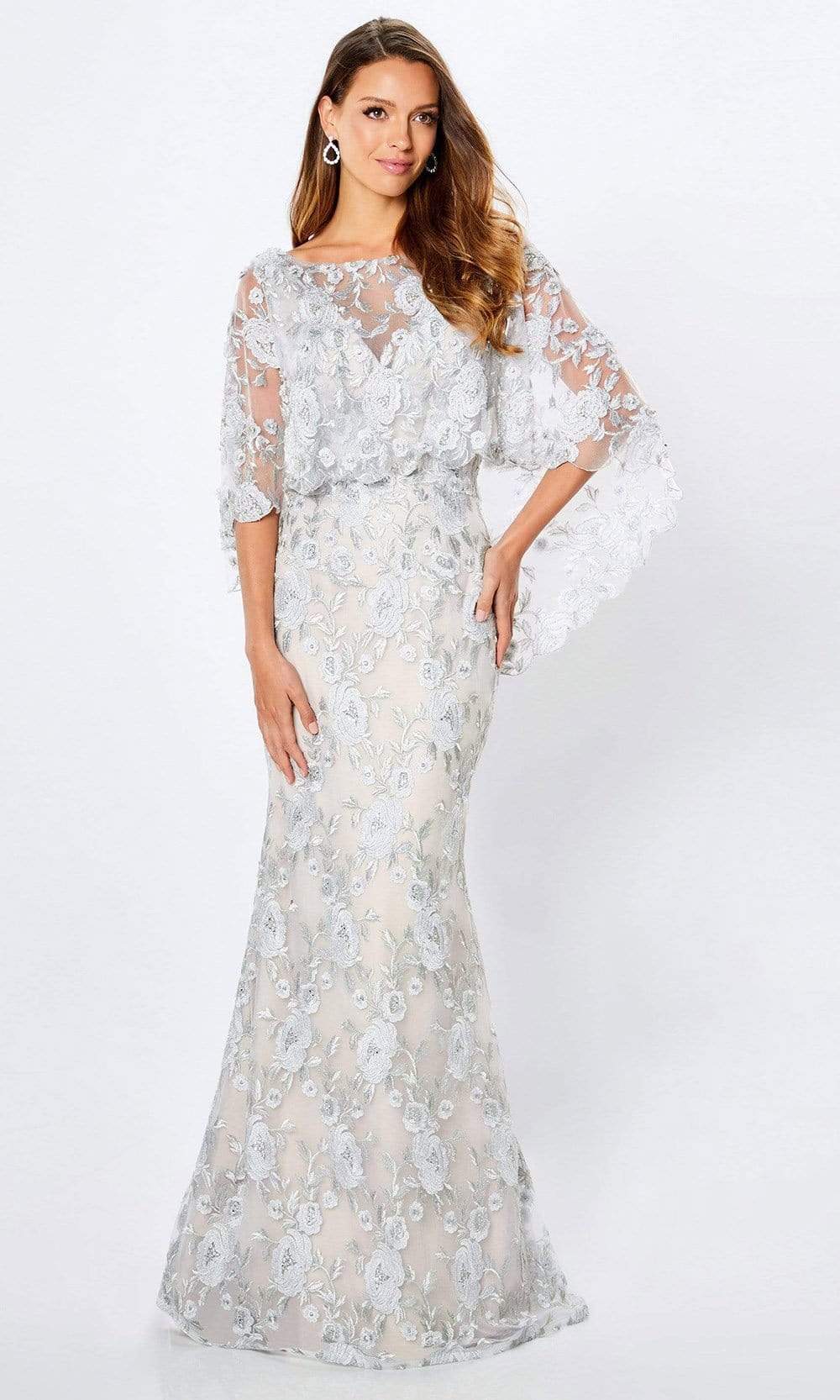 Montage by Mon Cheri - Embroidered Bateau Neck Formal Dress 221962 In Silver and Neutral