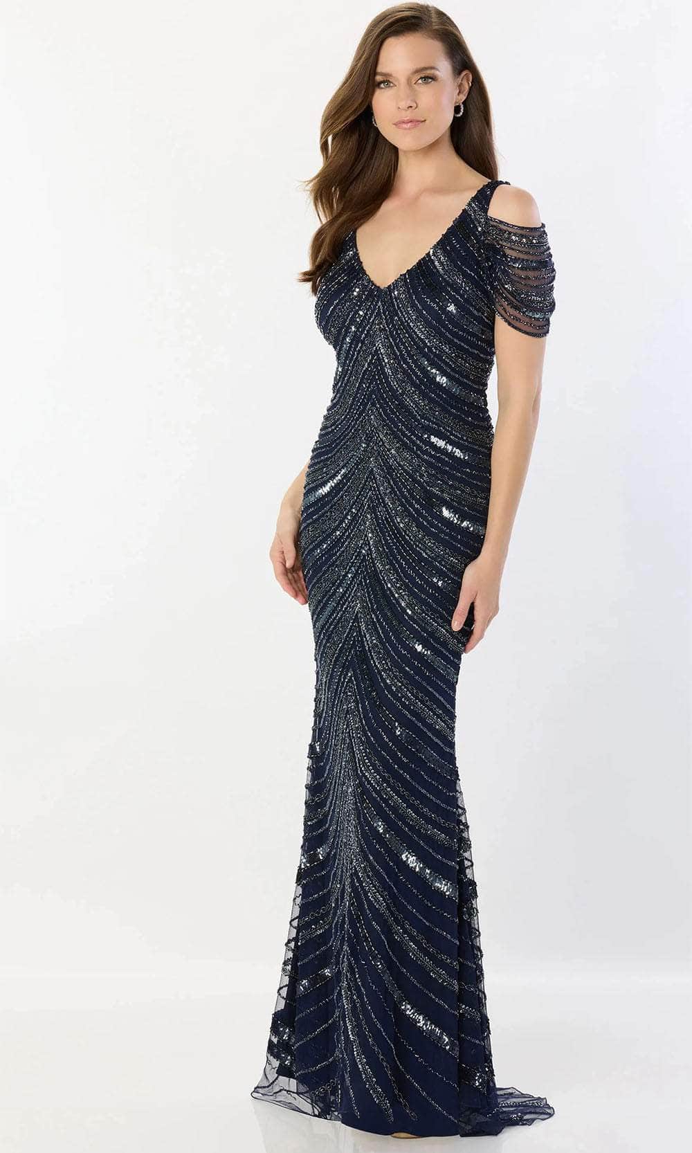 Montage by Mon Cheri M2244 - Fitted Bodice Short Sleeve Gown Prom Dresses XS / Navy Blue