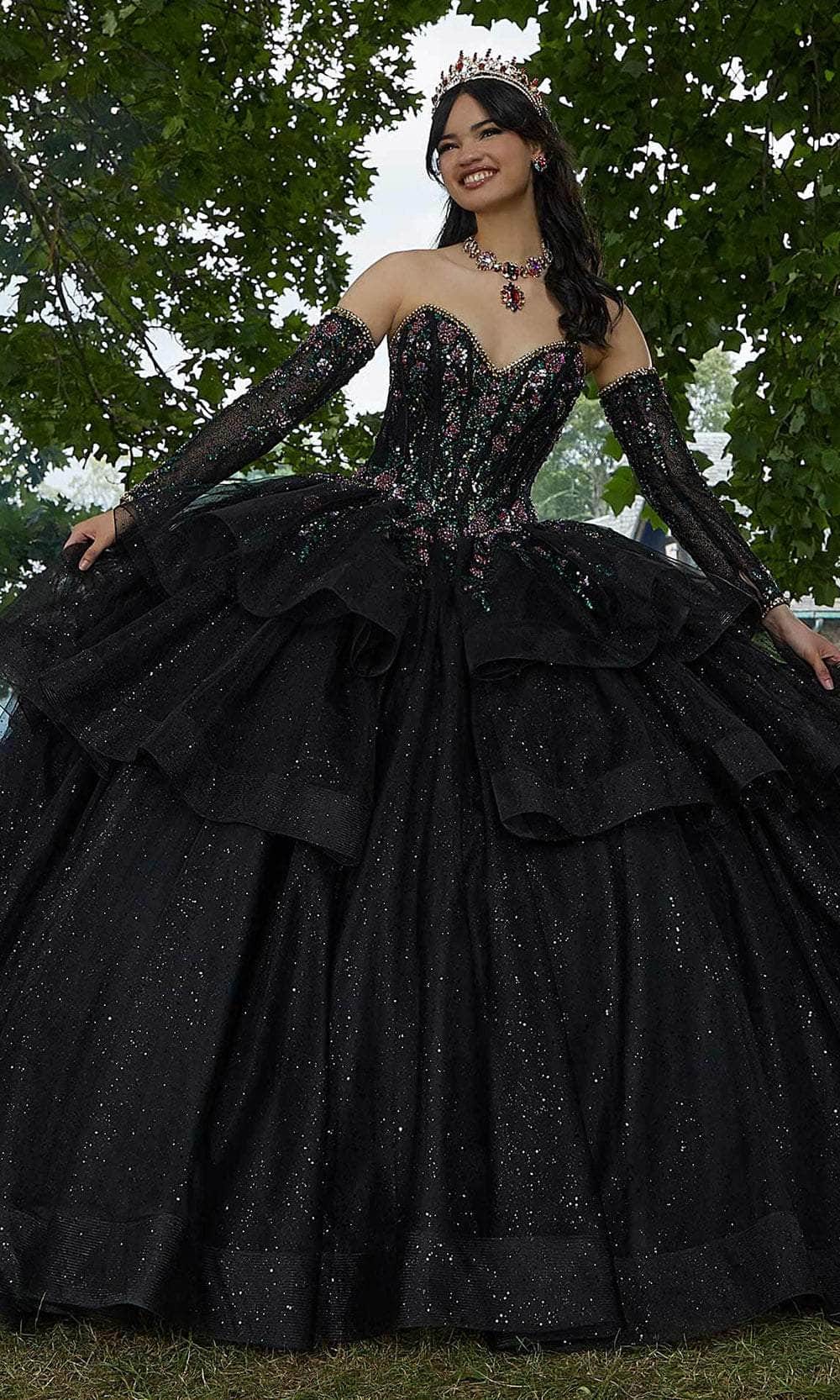 Mori Lee 34104 - Long Tulle Ballgown Dress - Floral Pattern, Corset Bodice, Detachable Off-Shoulder Sleeves, Crystal Beading, Lace-Up Back, Bow Accented, Layered Skirt, Train ADASA Mori Lee 34104 - Long Tulle Ballgown Dress - Floral Pattern, Corset Bodice, Detachable Off-Shoulder Sleeves, Crystal Beading, Lace-Up Back, Bow Accented, Layered Skirt, Train ADASA