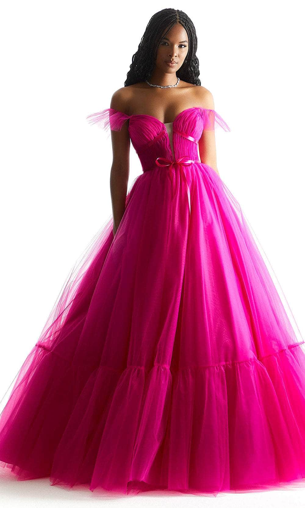 Mori Lee 49022 - Ruched Ribbon Ballgown Ball Gown 00 /  Fuchsia