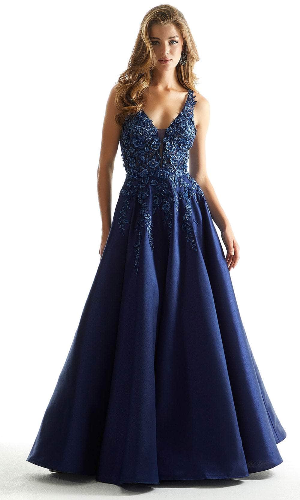 Mori Lee 49044 - Floral Detail Satin Prom Dress Prom Dress 00 /  Navy