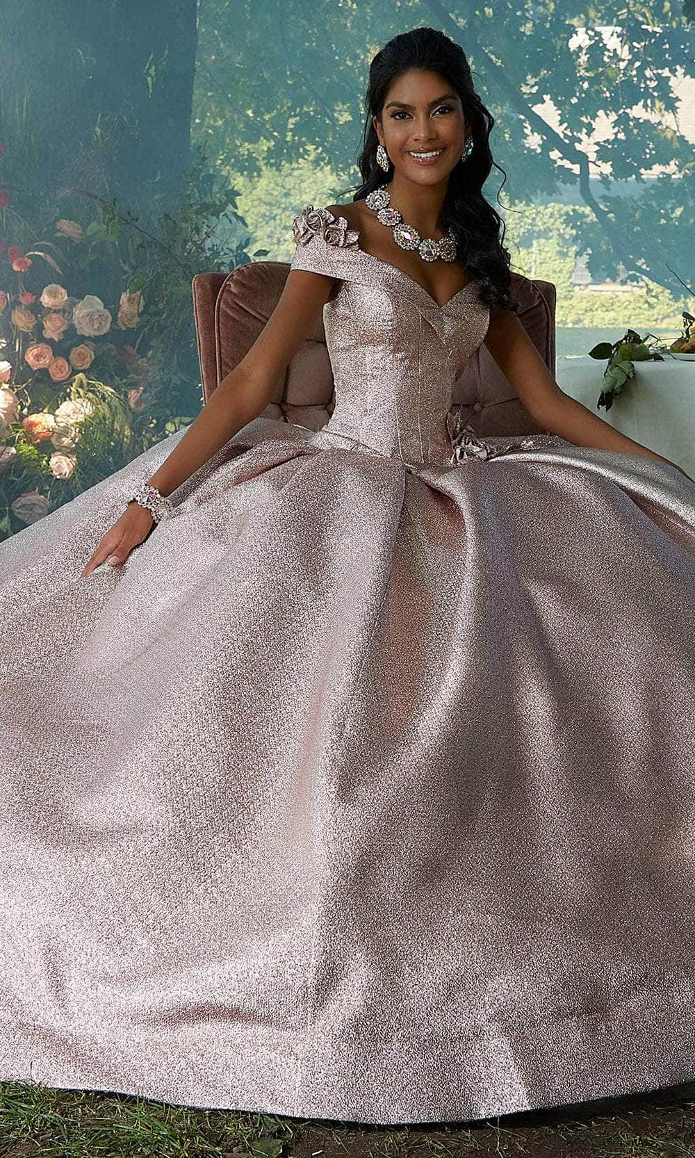 Mori Lee 60196 - Long Pleated Shimmer Ballgown Dress - Pleated, Fitted Bodice, Lace-Up Back, Three-Dimensional Floral Embellishments, Bow Accent, Train ADASA Mori Lee 60196 - Long Pleated Shimmer Ballgown Dress - Pleated, Fitted Bodice, Lace-Up Back, Three-Dimensional Floral Embellishments, Bow Accent, Train ADASA