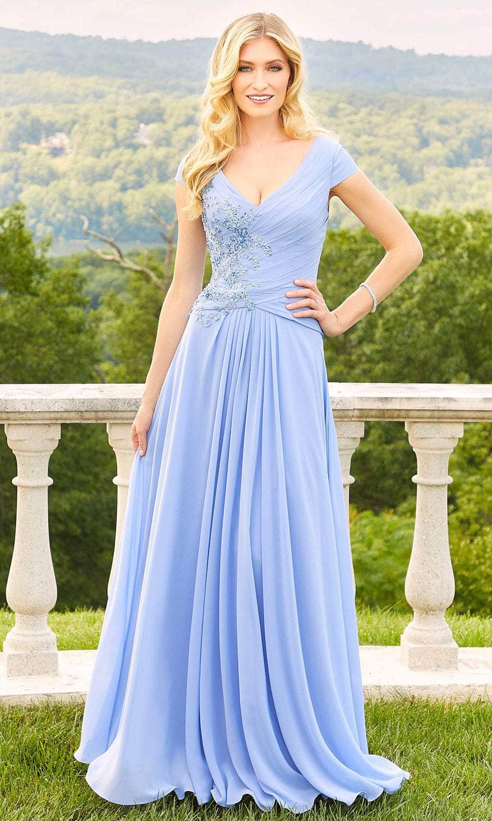 Mori Lee 72510 - Long Chiffon A-Line Dress - Short Sleeves, Crystal Beading, Appliques, V-Shaped Back, Back Zipper Closure ADASA Mori Lee 72510 - Long Chiffon A-Line Dress - Short Sleeves, Crystal Beading, Appliques, V-Shaped Back, Back Zipper Closure ADASA