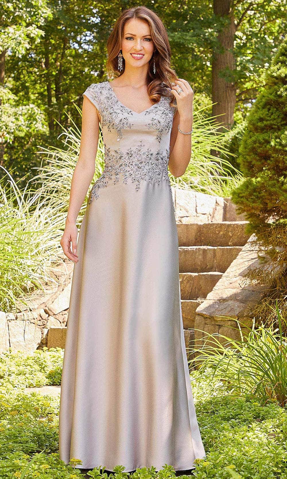 Mori Lee 72519 - Long Crepe A-Line Dress - Cap Sleeves, Lace Applique, V-Shaped Open Back, Back Zipper Closure ADASA Mori Lee 72519 - Long Crepe A-Line Dress - Cap Sleeves, Lace Applique, V-Shaped Open Back, Back Zipper Closure ADASA