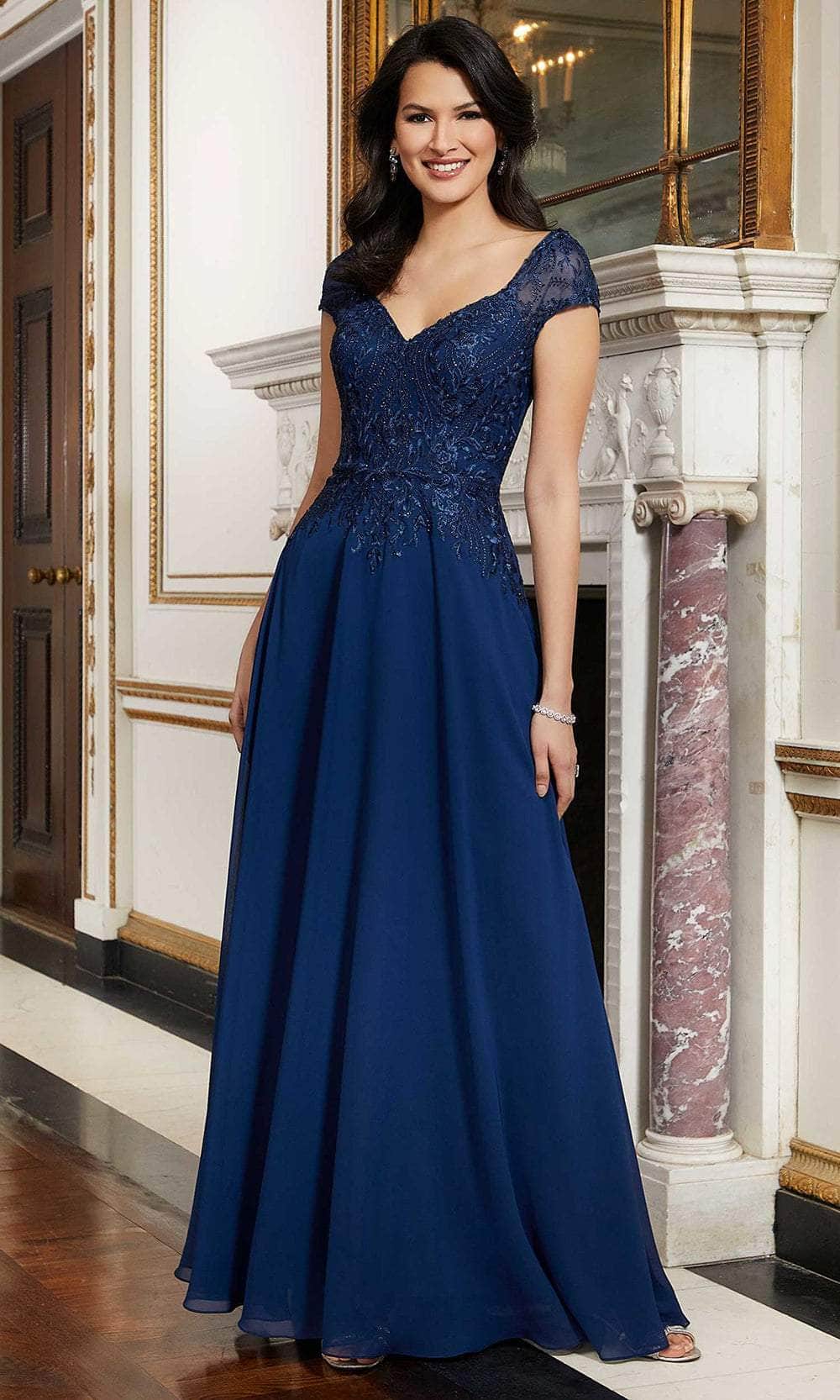 Mori Lee 72626 - Long Chiffon A-Line Dress - Beaded, Embroidered, V-Neck, Short-Sleeve, Chiffon, Flowy, Floor-Length ADASA Mori Lee 72626 - Long Chiffon A-Line Dress - Beaded, Embroidered, V-Neck, Short-Sleeve, Chiffon, Flowy, Floor-Length ADASA