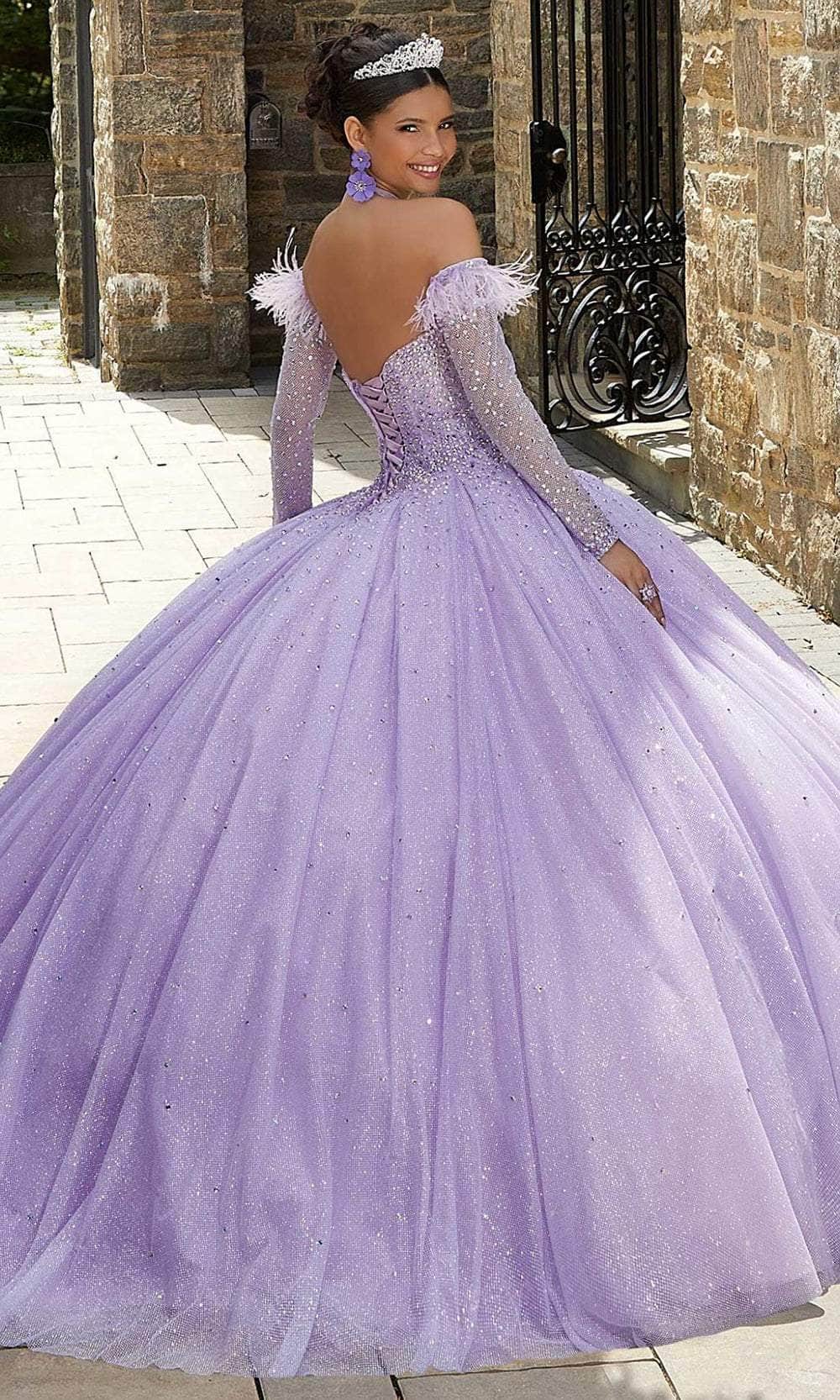 Mori Lee 89334 - Arm Sleeved Feathered Crystal Ballgown Ball Gowns