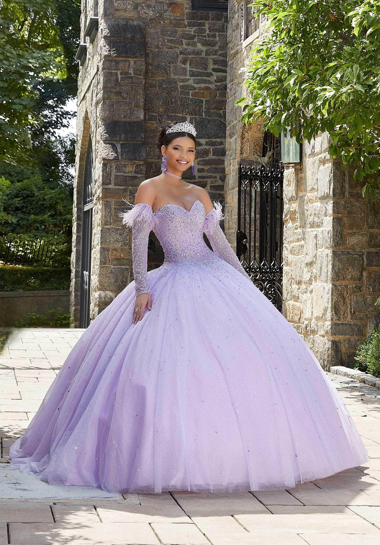 Mori Lee 89334 - Arm Sleeved Feathered Crystal Ballgown Special Occasion Dress