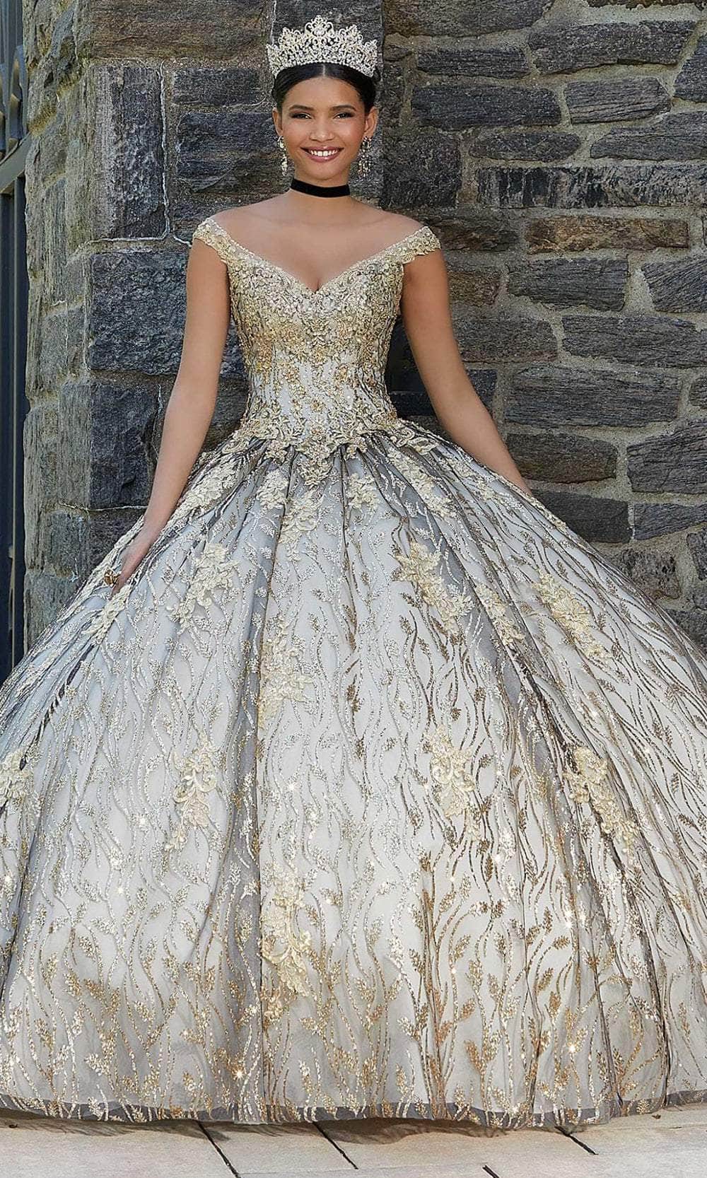 Mori Lee 89347 - Long Tulle Ballgown Dress - Crystals, Beads, Gold Appliques, V-Neckline, Detachable Glitter Patterned Cape, Floor-Length, Pleated Skirt ADASA Mori Lee 89347 - Long Tulle Ballgown Dress - Crystals, Beads, Gold Appliques, V-Neckline, Detachable Glitter Patterned Cape, Floor-Length, Pleated Skirt ADASA