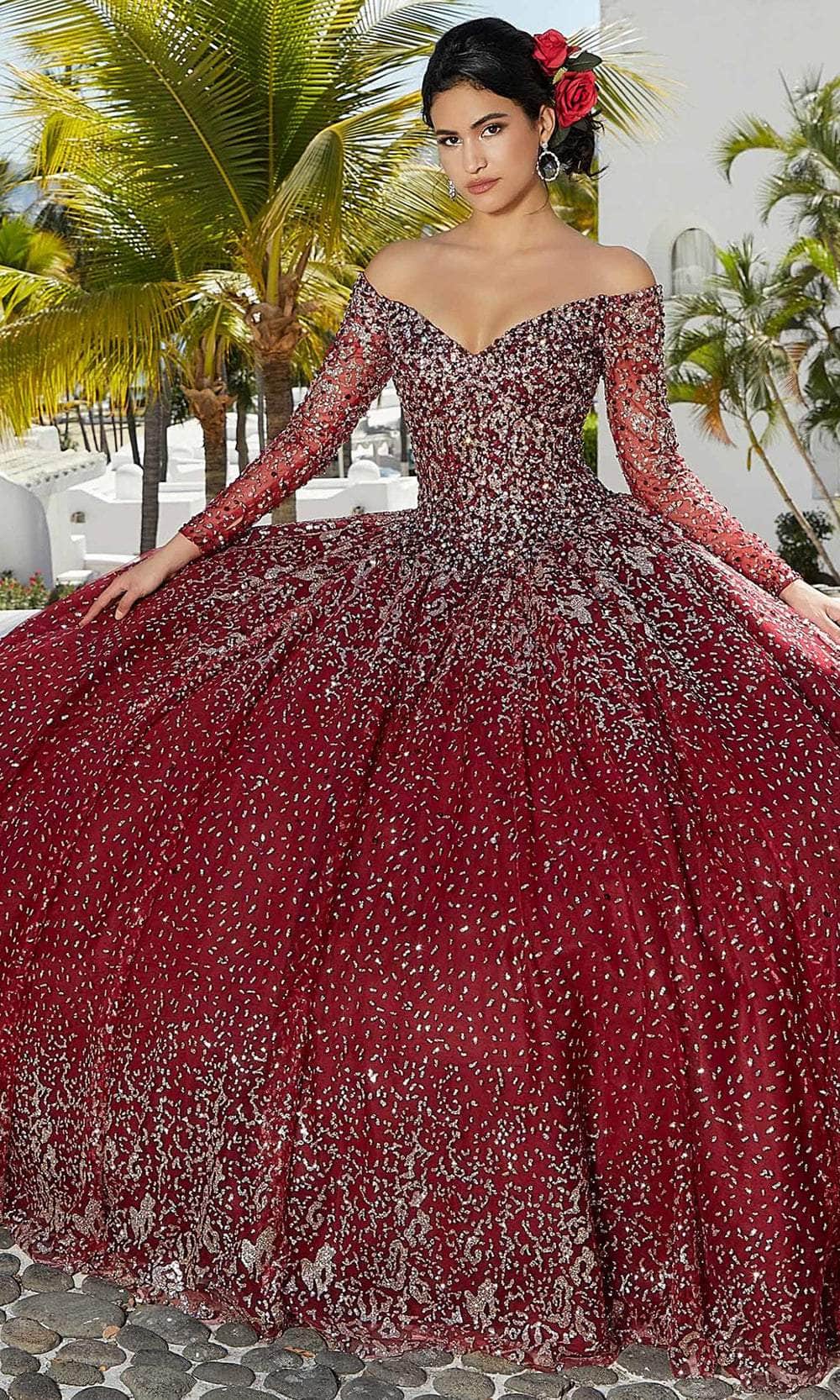 Mori Lee 89355 - Long Net Ballgown Dress - Glitter Net Pattern, Off-Shoulder, Long Sleeves, Crystal Beading, Floor-Length ADASA Mori Lee 89355 - Long Net Ballgown Dress - Glitter Net Pattern, Off-Shoulder, Long Sleeves, Crystal Beading, Floor-Length ADASA