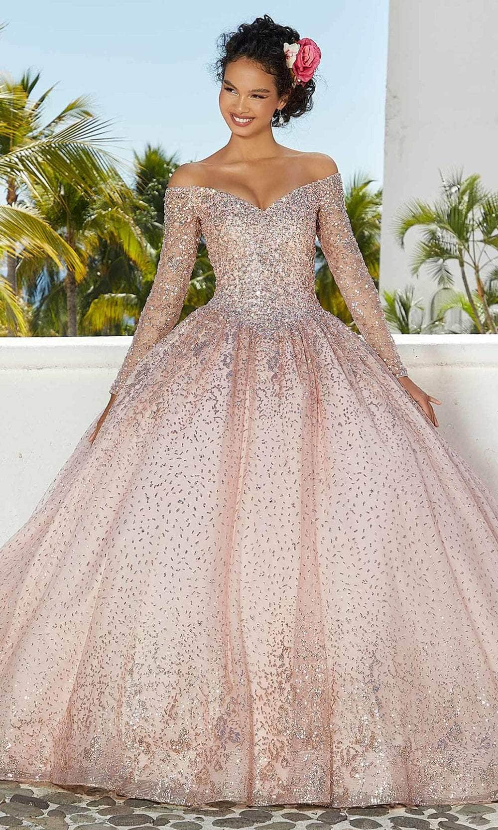Mori Lee 89355 - Beaded Long Sleeves Quinceñera Dress Prom Dresses 00 / Sangria/Gold