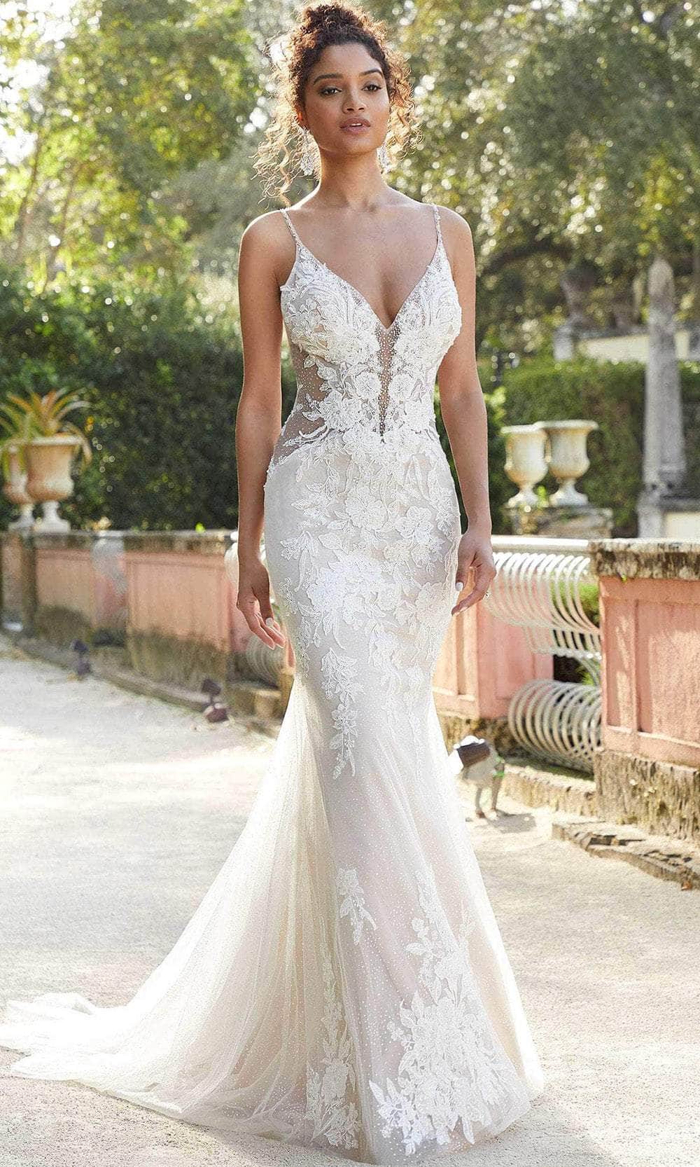 Mori Lee Bridal 2467 - Long Net Trumpet Dress - Spaghetti Strap, Sleeveless, Sheer Bodice, Beaded, Lace Applique, Covered Buttons, V-Back, Chapel Mori Lee Bridal 2467 - Long Net Trumpet Dress - Spaghetti Strap, Sleeveless, Sheer Bodice, Beaded, Lace Applique, Covered Buttons, V-Back, Chapel