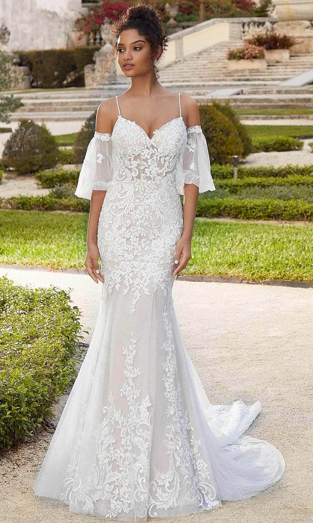 Mori Lee Bridal 2469 - Long Tulle Trumpet Dress - Detachable Puff Sleeves, Spaghetti Straps, Sheer Corset Boned Bodice, Beaded, Lace Embroidery, Scoop Mori Lee Bridal 2469 - Long Tulle Trumpet Dress - Detachable Puff Sleeves, Spaghetti Straps, Sheer Corset Boned Bodice, Beaded, Lace Embroidery, Scoop