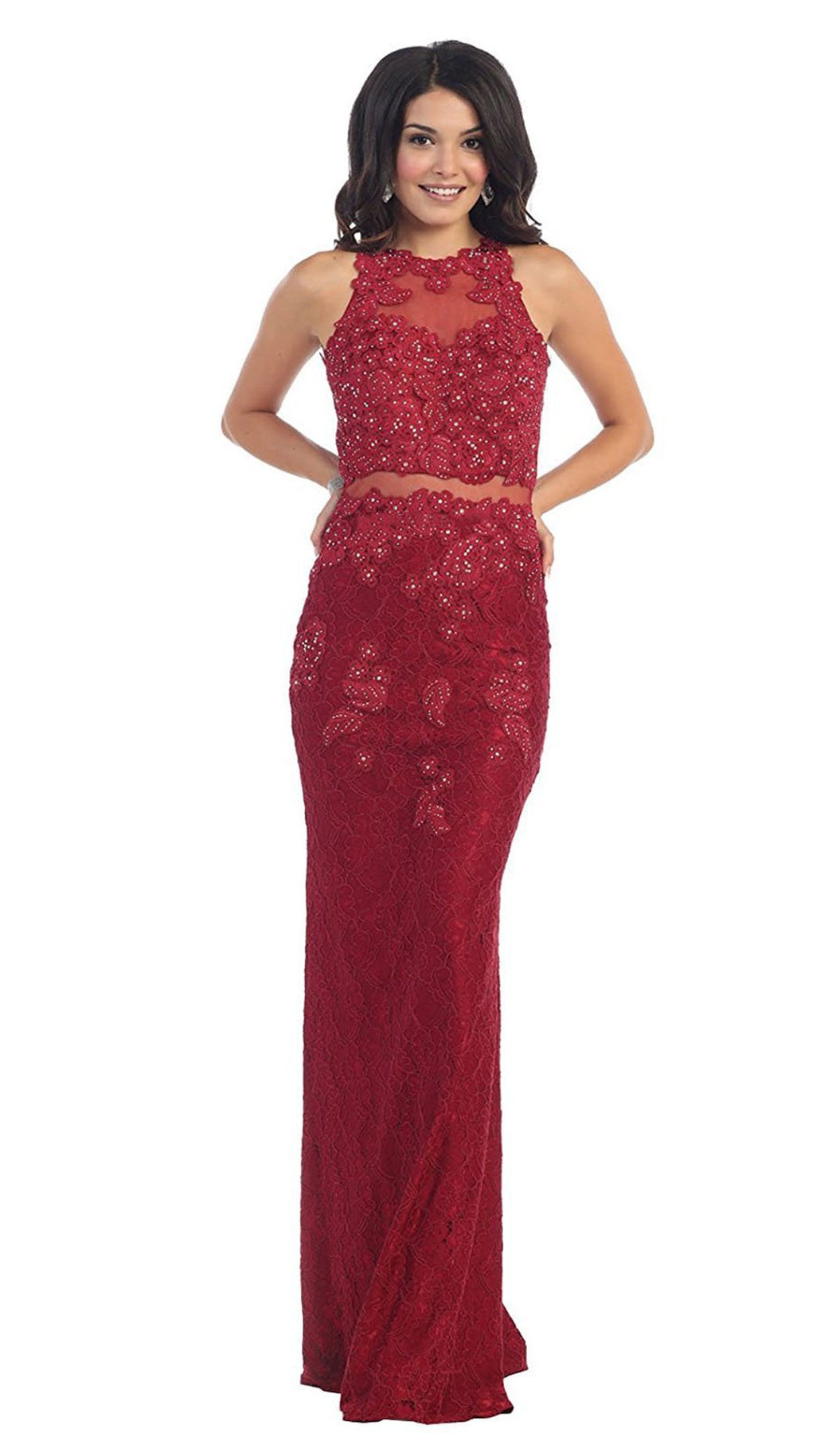 May Queen - Bead Embellished Sheer Evening Gown in Red