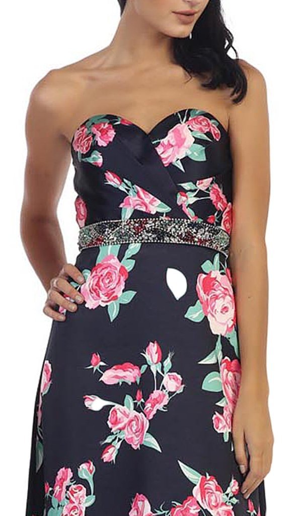 May Queen - Strapless Floral Print Evening Gown MQ1403 In Blue and Pink