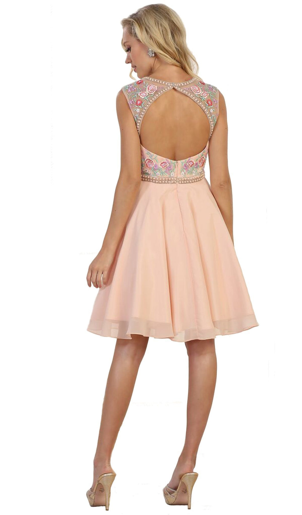 May Queen - MQ1535 Floral Detailed Illusion Jewel A-line Cocktail Dress In Pink
